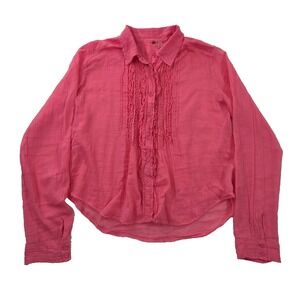 Free People FP One Drew Tuxedo Shirt L Pink Gauze Ruffle‎ Button Down Cropped